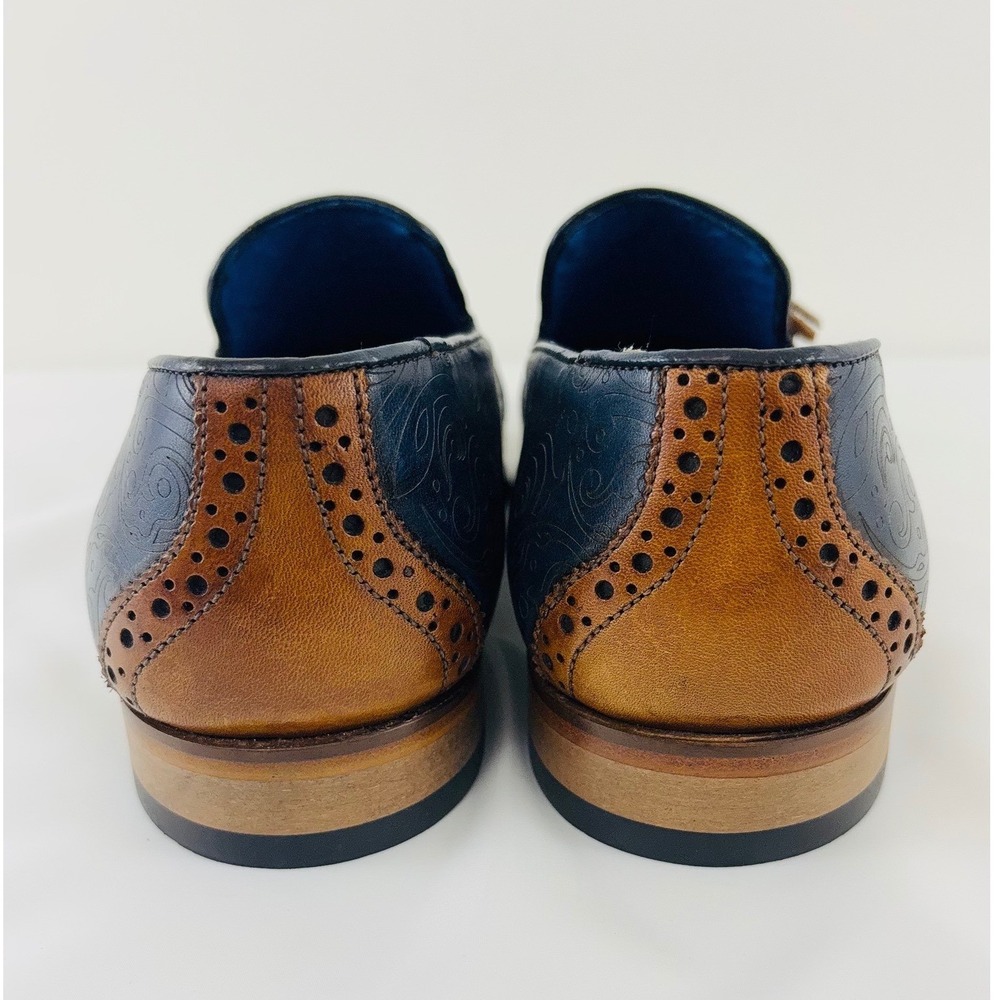 Emilio Franco Navy Blue Paisley Cognac Leather Tassel Wingtip Loafers Italy Sz 7 - Picture 6 of 13